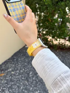 Cute polka dot silicone strap compatible with Apple Watch, yellow band with little bear.