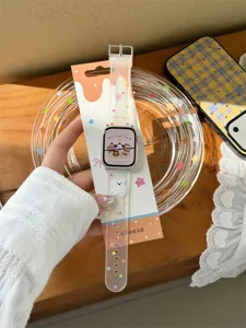 Cute polka dot silicone watch band compatible with Apple Watch, transparent bear charm style.