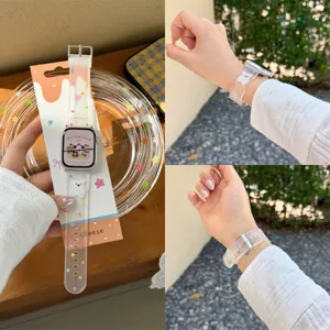 Transparent silicone watch band with colorful dots and cute bear design for Apple Watch.