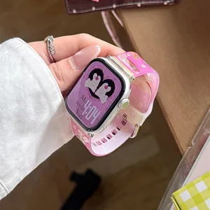Silikon-Sportarmband kompatibel mit Apple Watch S10 S11 SE rosa niedliches Hasen-Design.