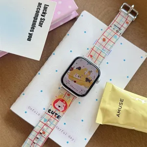 Cute plaid silicone watch strap compatible with Apple Watch, stylish and comfortable cartoon design.