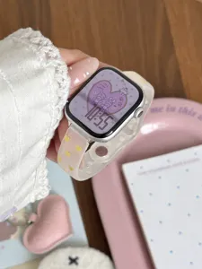 Close-up detail of the frosted TPU watch strap with cute yellow hearts and metal case.