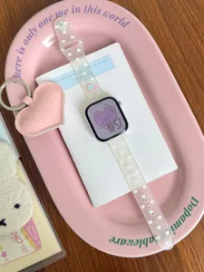 Heart matte TPU watch strap detail, cute transparent design compatible with Apple Watch series.