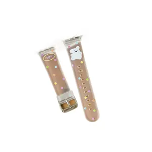 Cute polka dot silicone watch band for Apple Watch, translucent brown strap with bear design.