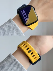 Siliconen horlogeband detail, ademend ontwerp, kompatibel met Apple Watch serie, geel blauw.