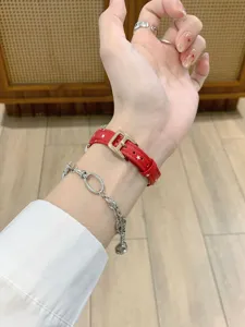 Red leather watch strap with white stars and gold buckle compatible with smart watch daily wear