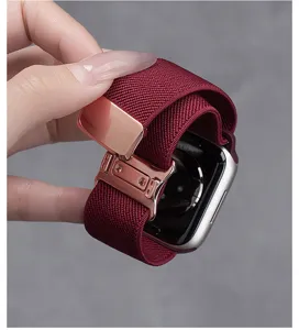Nylon geweven horlogeband compatibel met Apple Watch, bordeauxrode dubbele tour band