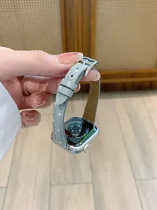 Grey star leather watch strap detail view, slim band compatible with Apple Watch series.