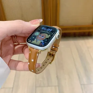 Slim star leather watch strap compatible with Apple Watch, chic brown band replacement.