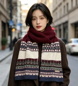 Gemütlicher Fair Isle Strickschal mit klassischen nordischen Jacquardmustern für den Winter.
