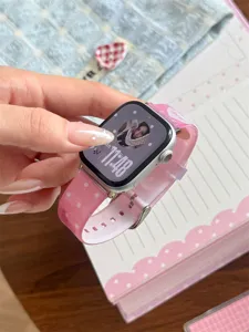 Vista dettagliata del cinturino per orologio in TPU con pois e cuori rosa Apple Watch.