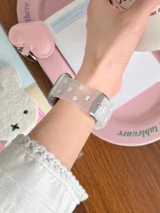 Clear frosted TPU smartwatch strap with cute white heart patterns, compatible with Apple Watch.