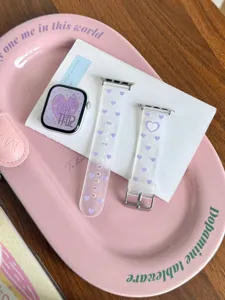 Frosted TPU watch strap with cute purple hearts compatible with Apple Watch, soft and stylish.