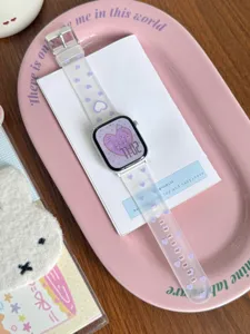 Close-up of translucent purple heart TPU watch strap detailed view with metal buckle design.