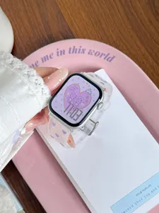 Close-up detail of frosted TPU watch strap with cute purple hearts, compatible with Apple Watch.