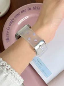 Transparent matte TPU watch strap with purple heart pattern and metal buckle detail closeup.