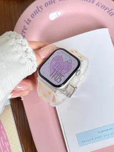 Clear TPU watch strap with cute yellow hearts, durable matte metal buckle for apple watch.