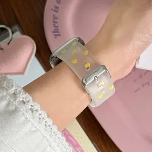 Clear TPU smartwatch band with yellow heart patterns and metal buckle, wrist display
