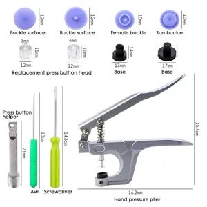 Hand pressure plier and T5 resin snap fastener installation tool kit with assorted sizes.