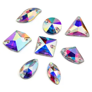 Exquisite AB color glass sew-on rhinestones with dual holes, ideal for sparkling DIY decor.