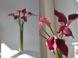 Grand bouquet de fleurs artificielles calla en EVA avec vase en verre pour déco mariage.