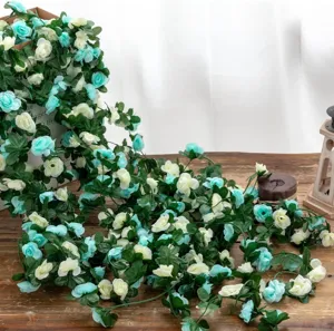 Artificial rose vine garland turquoise white fake flowers for home wedding arch decor