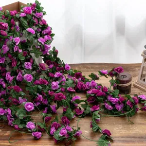 Artificial purple rose flower vine garland for home wedding arch and pipe decoration.
