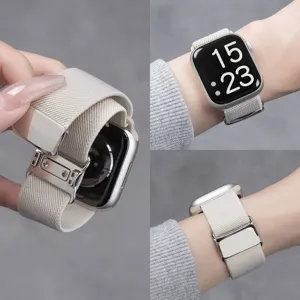 Effen nylon geweven magnetische horlogeband vervanging compatibel met smartwatch beige