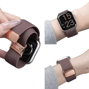 Nylon magnetische horlogeband voor Apple Watch, elastische gewoven band met roségouden gesp.