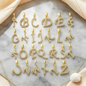 Pendentif lettre cursive en zircons plaqué or A-Z, accessoire de collier DIY hip-hop tendance.