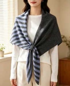Knit wool blend striped solid color triangular scarf shawl for women autumn winter warm