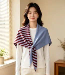 Knit striped solid color triangle scarf shawl for women autumn winter warm detail view