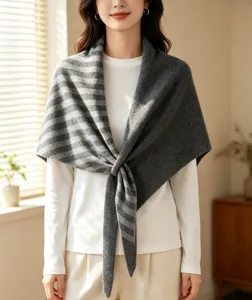 Cozy wool-blend knitted triangular scarf shawl with stylish striped design for autumn winter.
