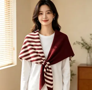 Women's knitted triangular shawl scarf, autumn winter warm striped solid color wool blend.