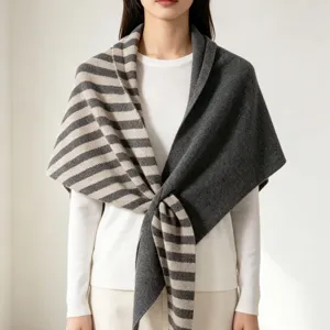 Women's knitted wool-blend triangular scarf shawl, half striped half solid grey design.