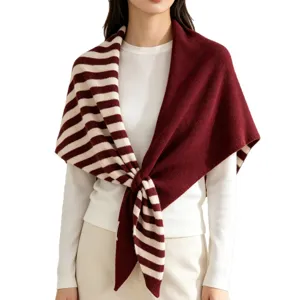 Stylish women's knitted striped solid color wool blend triangular scarf shawl for winter.
