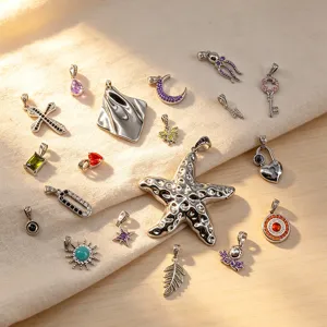 Detailed shot of stainless steel zircon pendants featuring diverse charms like starfish and moon.