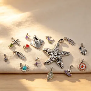 Diverse silver metal DIY pendants set with sparkling colorful cubic zirconia for jewelry.