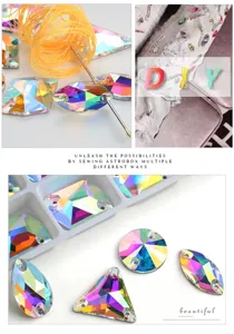 AB colorful glass sew-on rhinestones with holes, multi-shape flatback crystals for DIY crafts apparel.