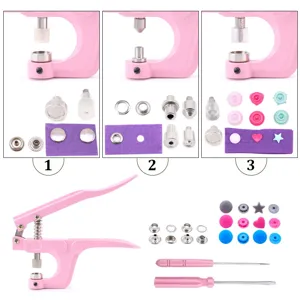 Pink hand press snap fastener pliers kit with T5 colorful resin buttons and installation tools.