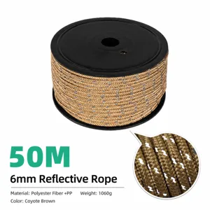 Corde de Tente Réflective 50M 6mm Cordon de Camping Randonnée Bobine Rouleau Kaki