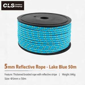 50M 5mm Corde de Tente Réfléchissante Camping Cordon Coupe-Vent Extérieur Bobine Bleue