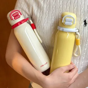 Portable children thermos water bottle with strap, cute double-drink straw cup for students.