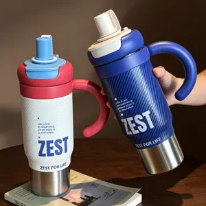 Stainless steel insulated tumbler with handle and straw lid, large capacity water bottle for women.