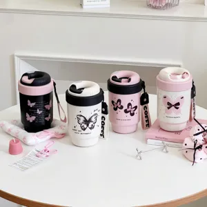 Mini insulated coffee cup set with cute butterfly patterns and portable strap for daily office use.