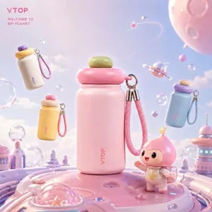 Vue détaillée de la jolie mini bouteille thermos de poche en acier inoxydable robuste.