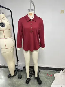 Burgundy waffle knit long sleeve polo shirt detail, casual button-down collar top view.