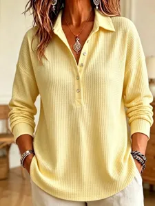 Women's waffle knit lapel long sleeve T-shirt, loose casual pullover top detail view.
