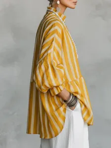 Women vintage vertical striped stand collar loose blouse casual long sleeve yellow top