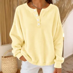 Women Casual Fleece Henley Sweatshirt Long Sleeve Button Up Pullover Top Soft Warm Fall Outerwear